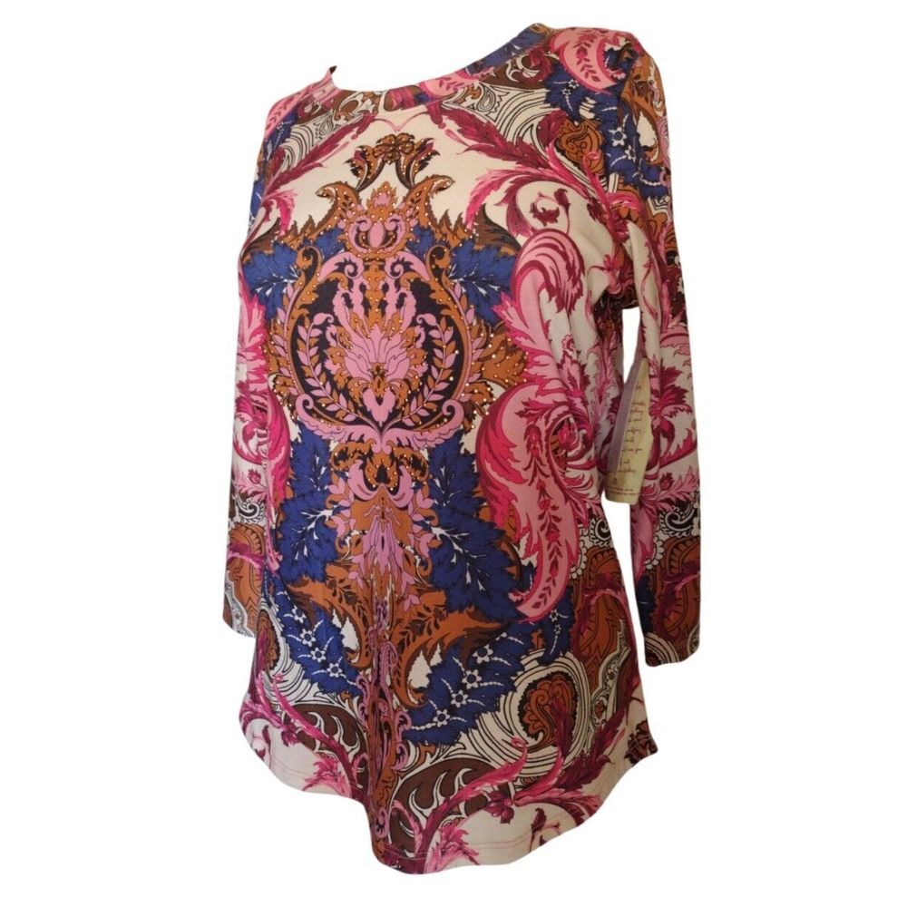 ONE‎ WORLD Blouse Women Small Pink Rhinestone Navy Floral 3/4 Sleeves  Boho